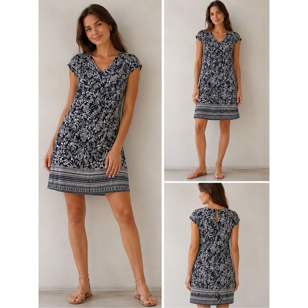 Gemo Floral Shift Dress French Size 44 / M US Navy White Mini Dress